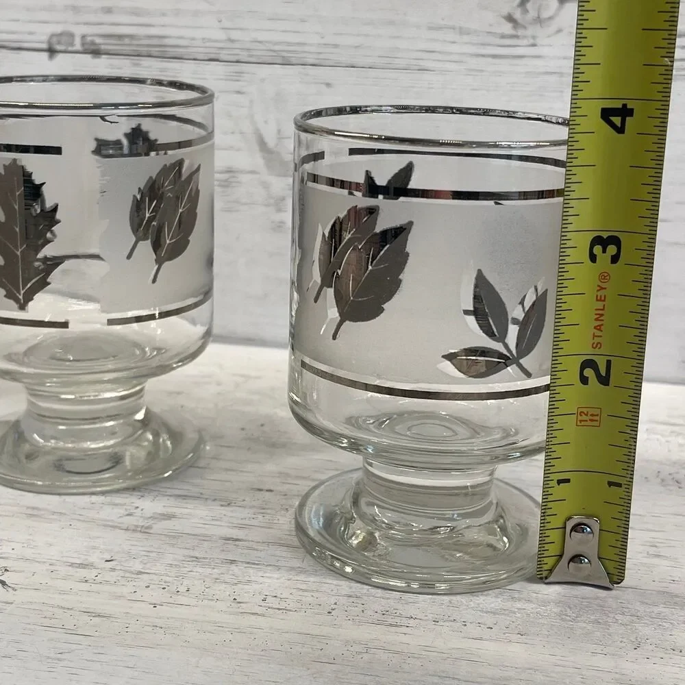 MCM Vintage Frosted Libbey Footed Juice Glasses Silver Leaf Pattern Low-Ball